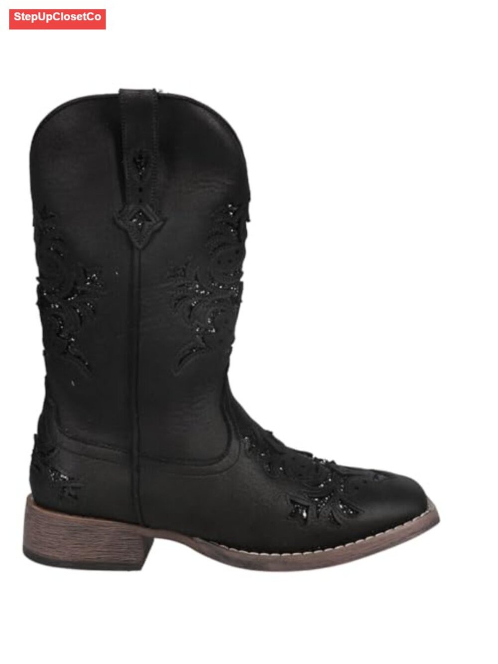 Roper Women's Kennedy Glitter Tooled Inlay Square Toe Pull On Casual Boots Mid
